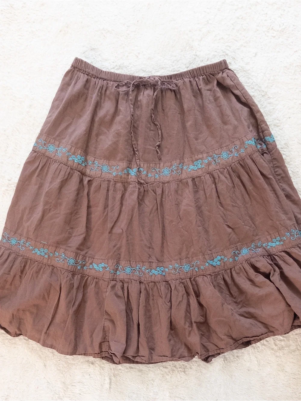 SO Rust Brown Tiered Midi Skirt with Turquoise Embroidery